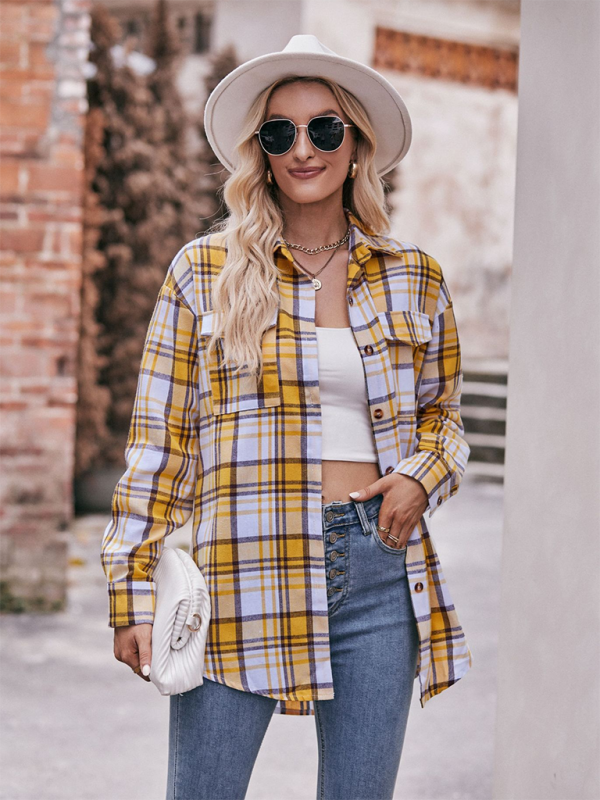 Women’s Casual Fashion Oversize Loose Plaid Shirt - Yellow / S