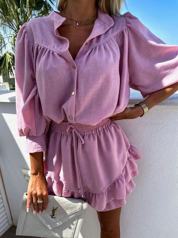Women’s casual fashion shirt and skirt suit - Pink / S