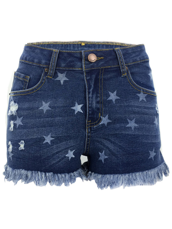 Women’s Casual Fringe Pentagram Print High Waist Denim Shorts - Purplish blue navy / S