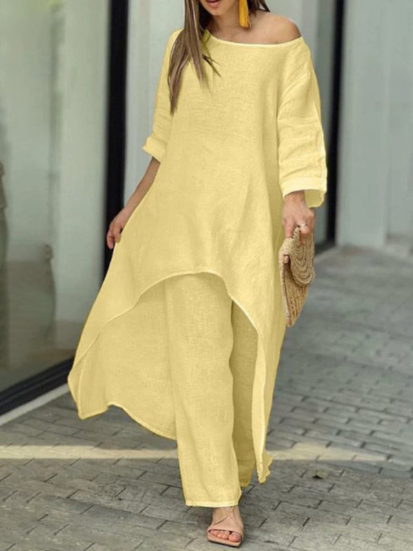 Women’s casual irregular long-sleeved wide-leg pants two-piece set - Yellow / S