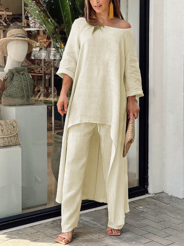 Women’s casual irregular long-sleeved wide-leg pants two-piece set - Khaki / S