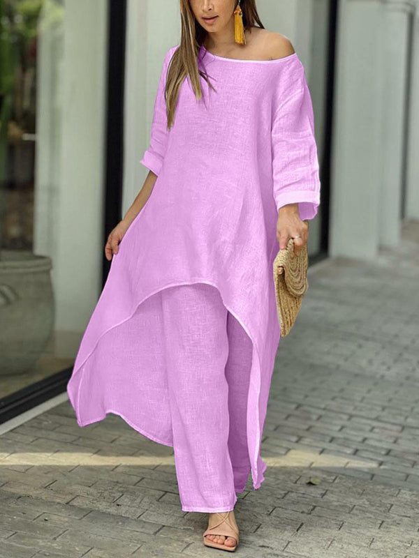 Women’s casual irregular long-sleeved wide-leg pants two-piece set - Purple / S