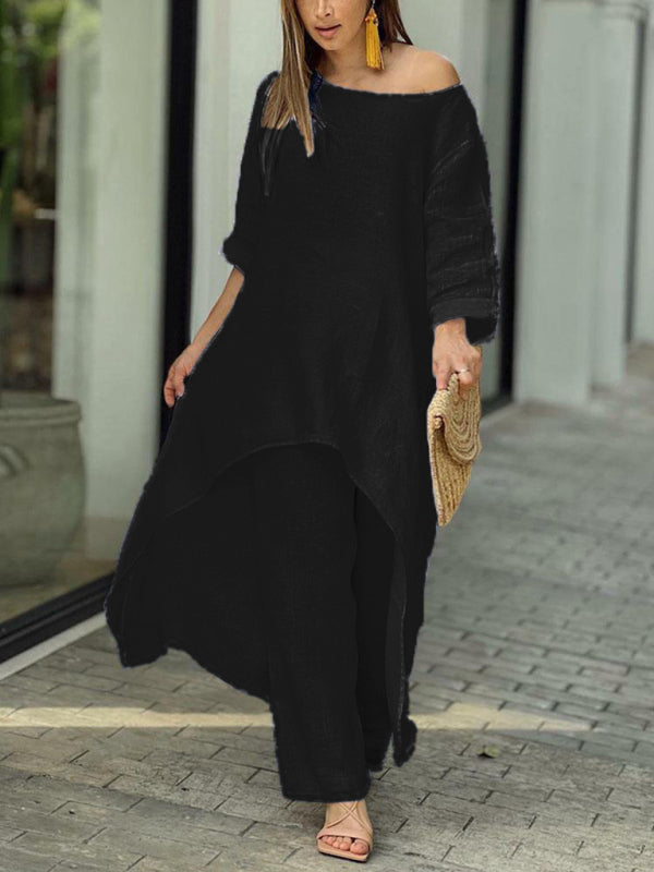 Women’s casual irregular long-sleeved wide-leg pants two-piece set - Black / S