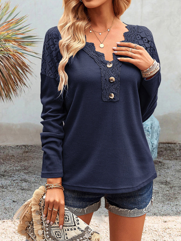 Women’s casual lace V-neck buttoned knit top