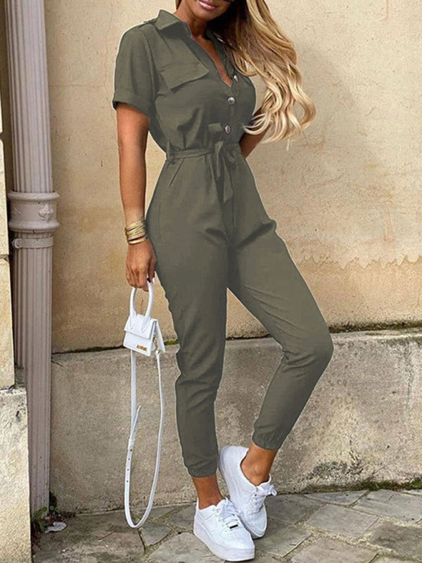 Women’s Casual Lapel Buttoned Belt Cargo Jumpsuit - Olive green / S