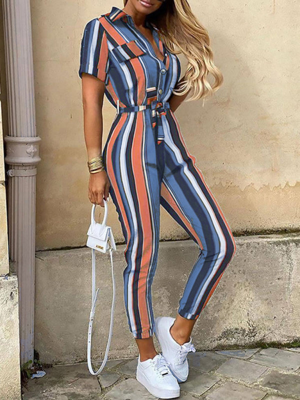 Women’s Casual Lapel Buttoned Belt Cargo Jumpsuit - Pattern / S