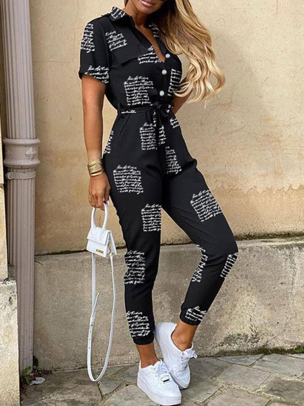Women’s Casual Lapel Buttoned Belt Cargo Jumpsuit - Pattern1 / S