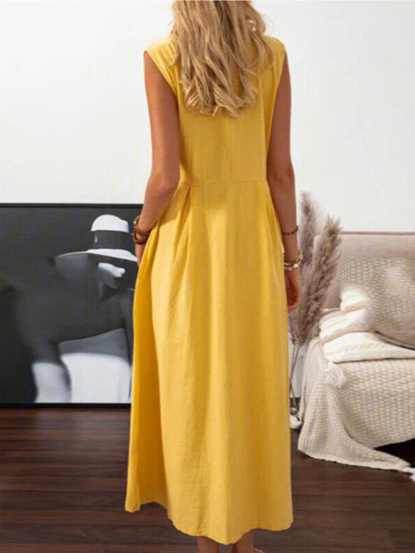 Women’s casual lapel collar sleeveless cotton and linen mid-length dress