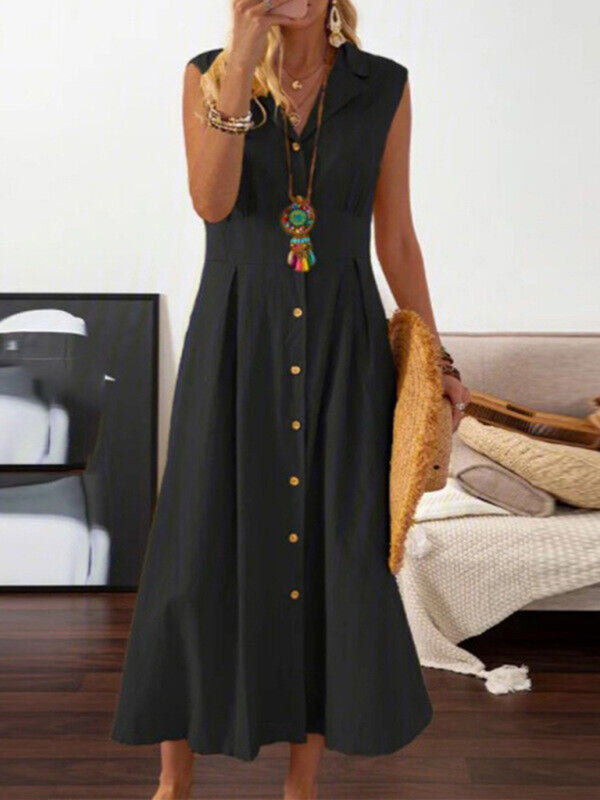 Women’s casual lapel collar sleeveless cotton and linen mid-length dress - Black / S
