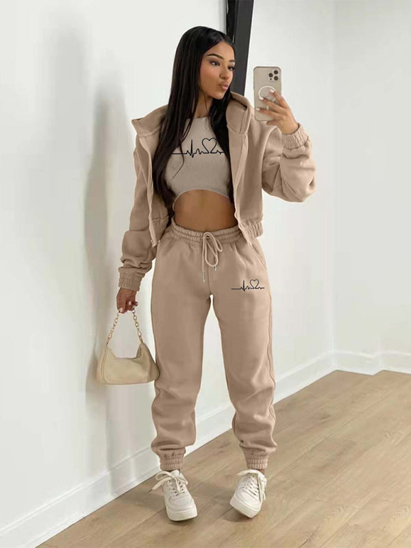Women’s Casual Leisure Two-Piece Jogger Set - Khaki / S