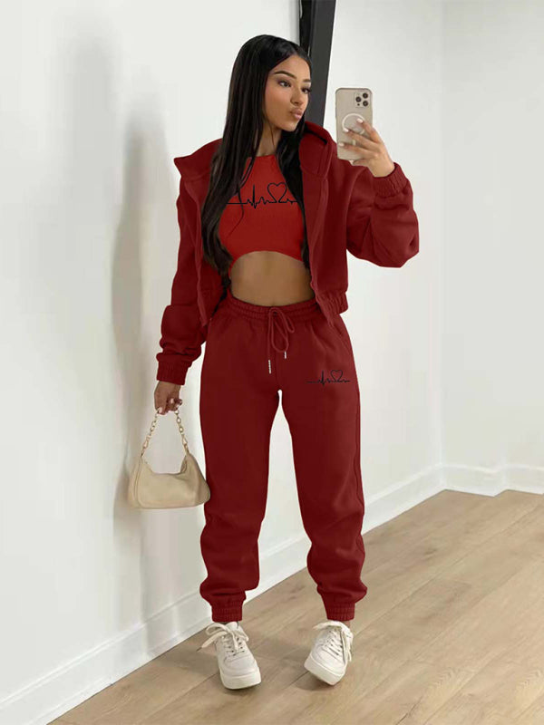 Women’s Casual Leisure Two-Piece Jogger Set - Wine Red / S