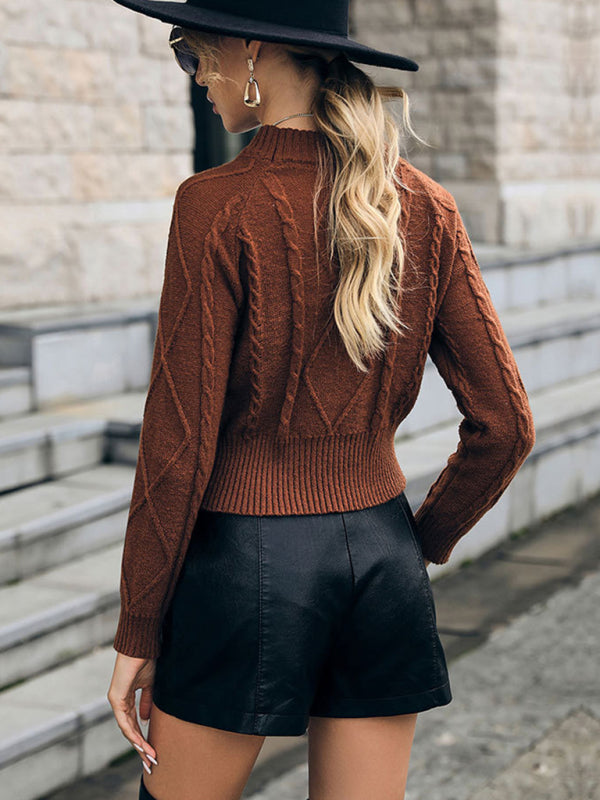 Brown cable-knit sweater with long sleeves and raglan sleeve design for women
