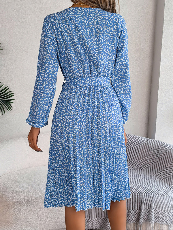 Women’s casual long-sleeved floral large hem pleated dress