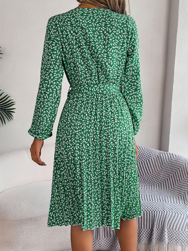 Women’s casual long-sleeved floral large hem pleated dress