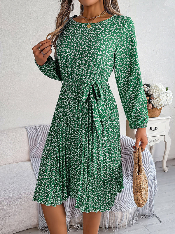 Women’s casual long-sleeved floral large hem pleated dress