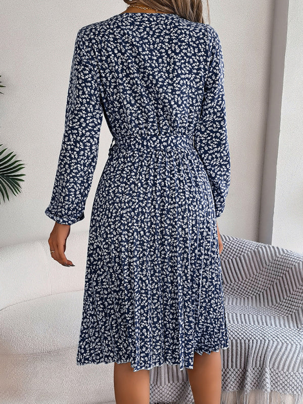 Women’s casual long-sleeved floral large hem pleated dress