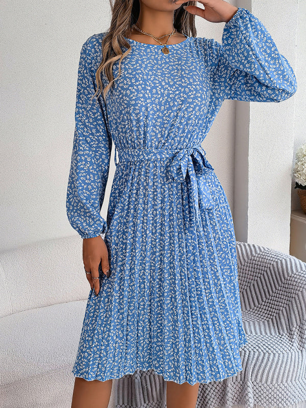 Women’s casual long-sleeved floral large hem pleated dress - Blue / S