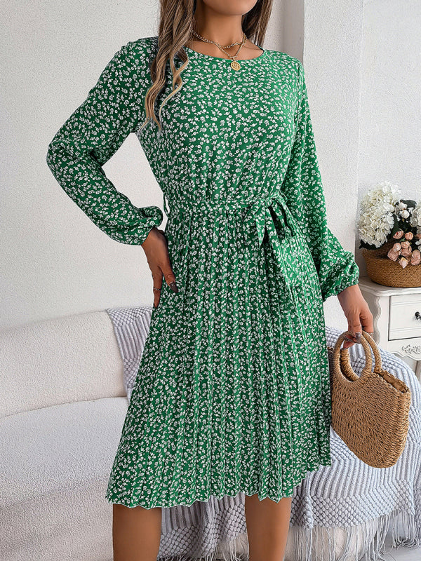 Women’s casual long-sleeved floral large hem pleated dress - Green / S