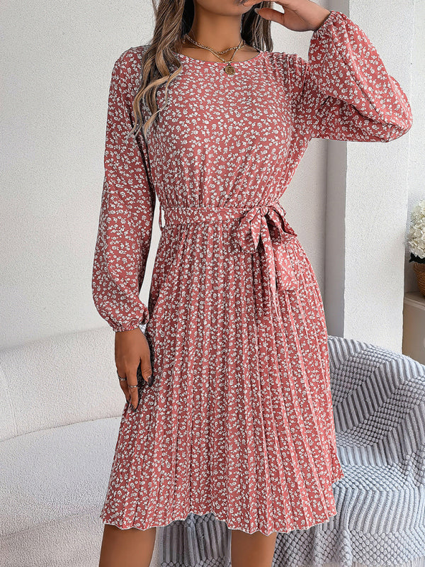 Women’s casual long-sleeved floral large hem pleated dress - Pink / S
