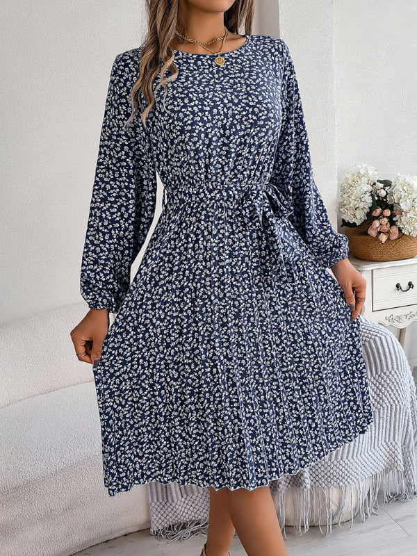 Women’s casual long-sleeved floral large hem pleated dress - Purplish blue navy / S