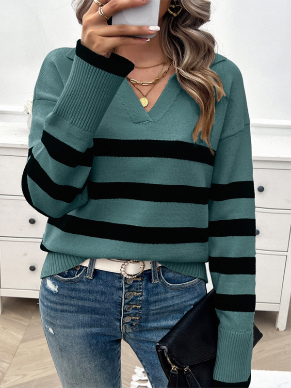 Women’s casual loose contrast color lapel sweater top