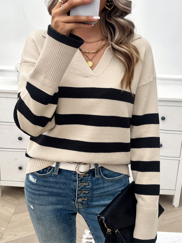 Women’s casual loose contrast color lapel sweater top