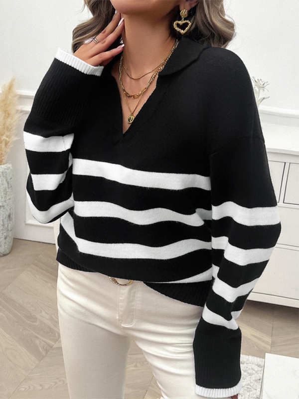 Women’s casual loose contrast color lapel sweater top - Black / S