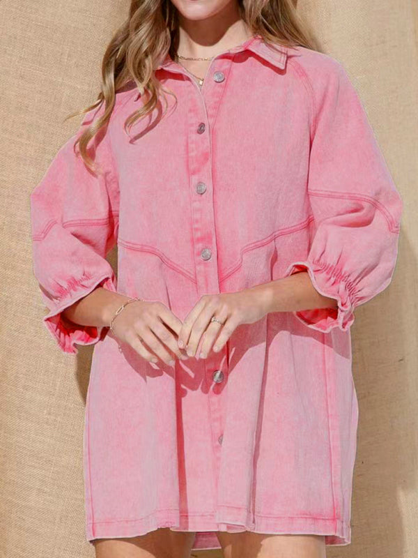 Women's Casual Loose Denim Balloon Sleeve Long Sleeve Dress - Closther