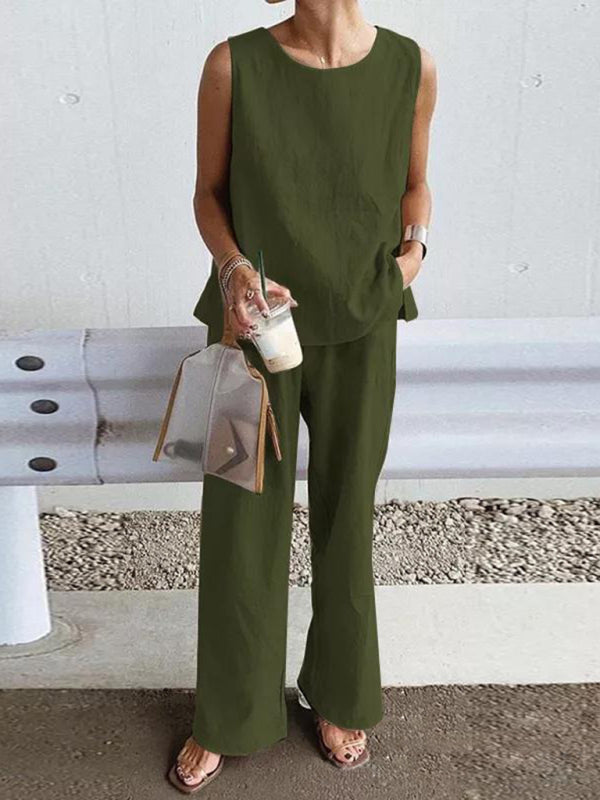 Women’s Casual Loose Sleeveless Slit Vest + Pants Set - Olive green / S