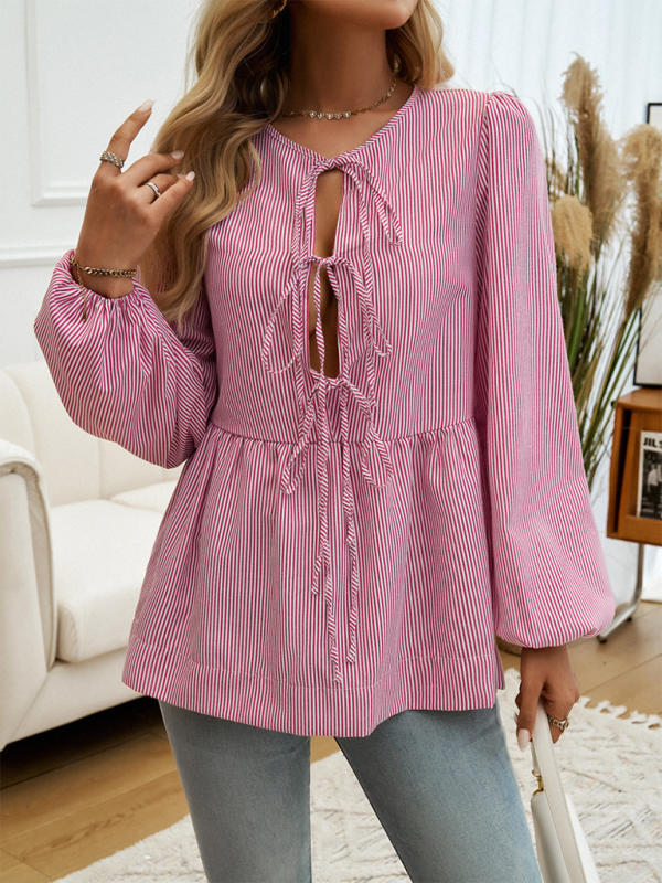 Women’s casual loose striped lace-up shirt