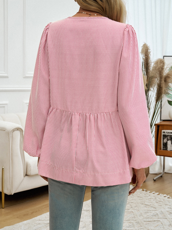 Women’s casual loose striped lace-up shirt