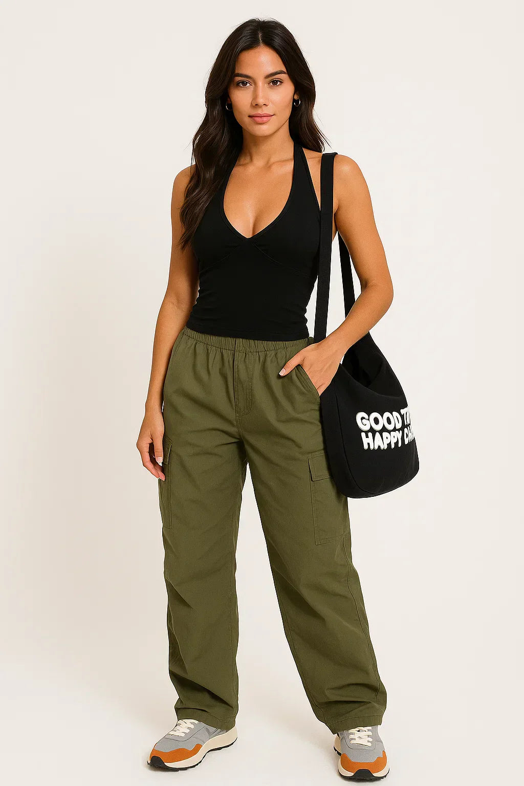 WOMEN'S CASUAL OUTFIT WITH BLACK HALTER TOP AND GREEN CARGO PANTS