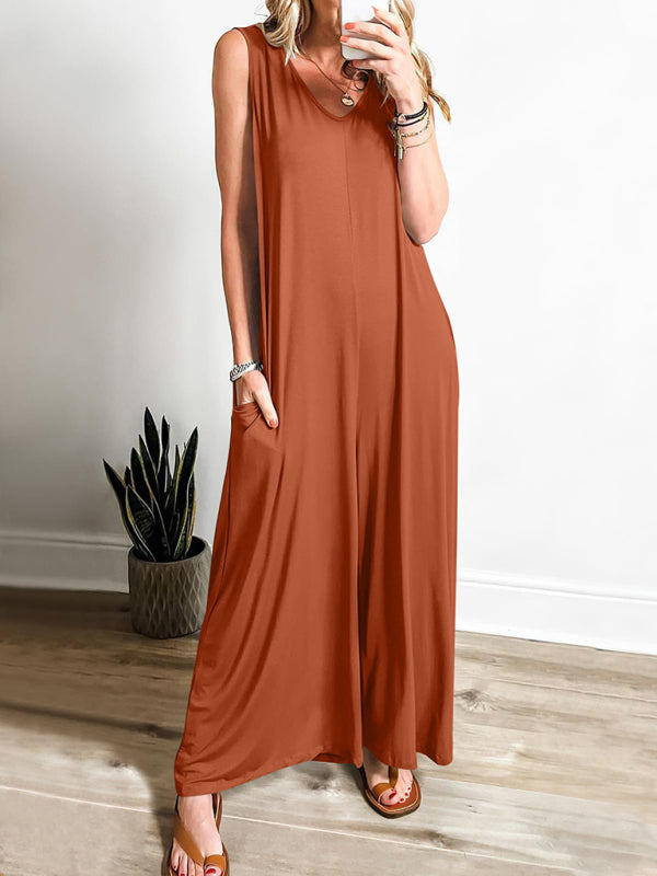 Women’s casual pocket thin jumpsuit - Brown / S