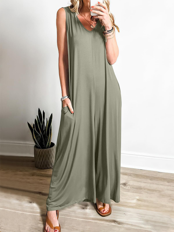Women’s casual pocket thin jumpsuit - Olive green / S