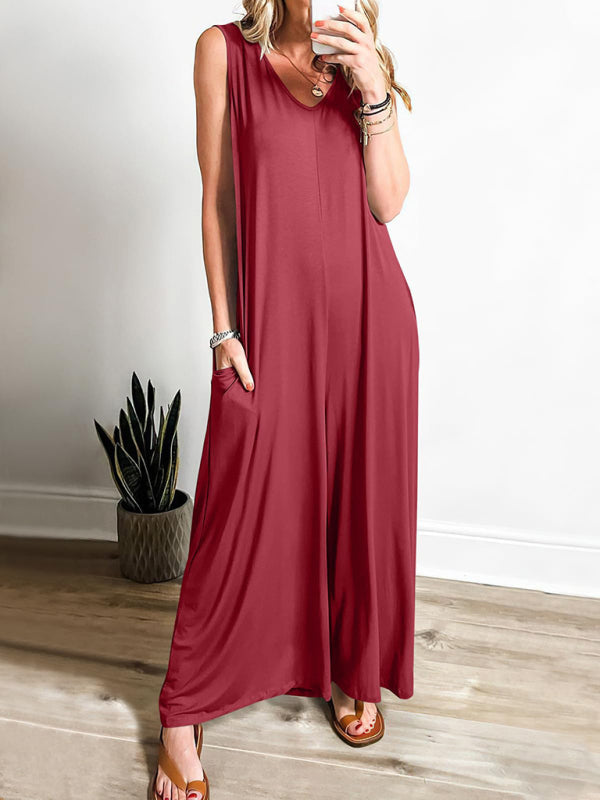 Women’s casual pocket thin jumpsuit - Wine Red / S