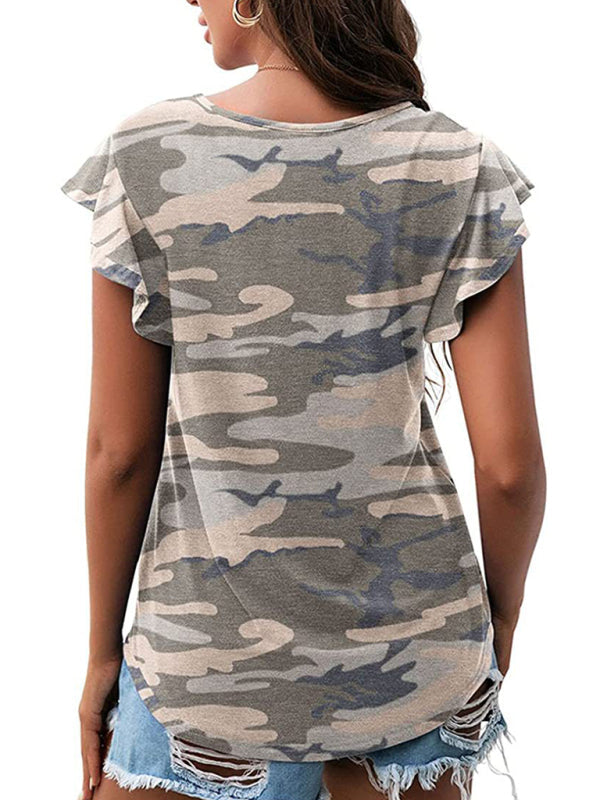 Women’s casual round neck printed lotus leaf short-sleeved T-shirt