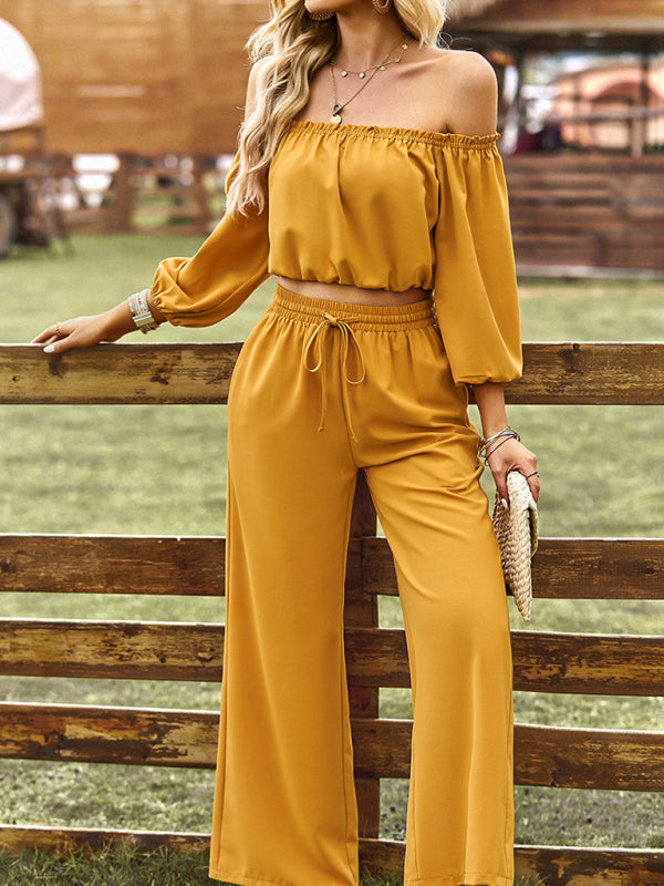 Women’s casual sexy tube top top wide-leg trousers two-piece set - Yellow / S