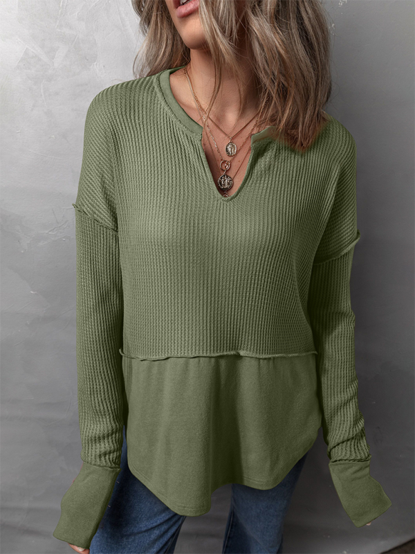 Olive green waffle-knit tunic top in solid color, casual women’s long sleeve clothing