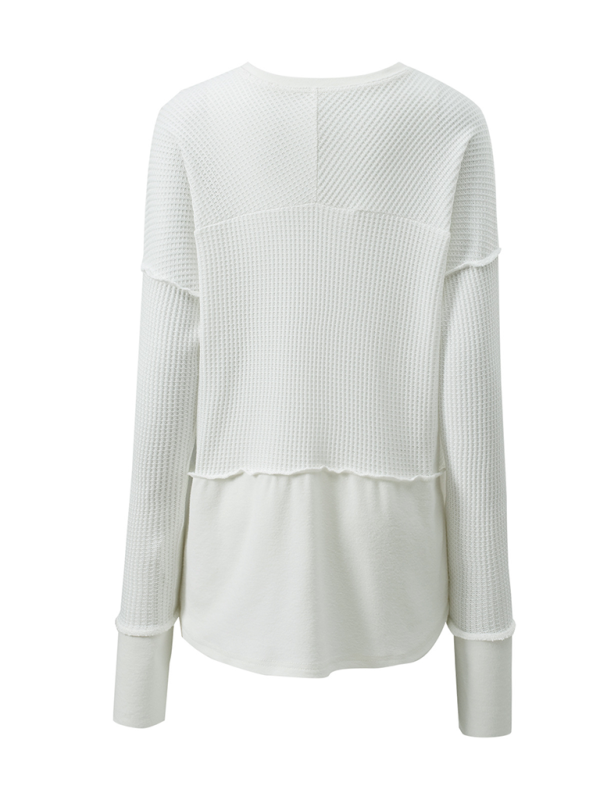 White waffle-knit long-sleeve top in solid color, casual clothing for women