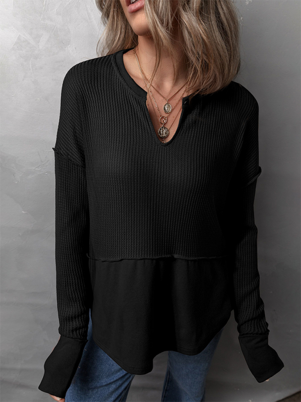Black long-sleeved waffle knit top, solid color casual clothing for women