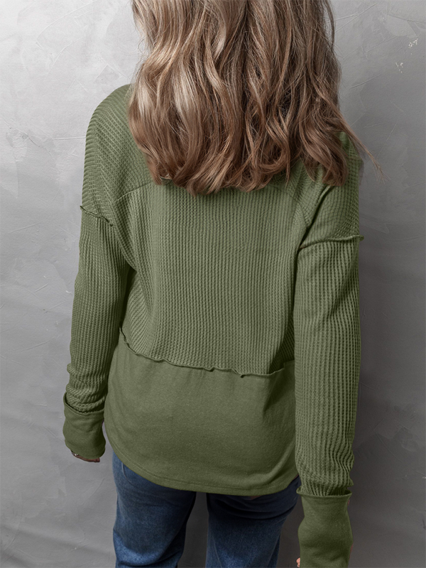 Olive green waffle-knit long-sleeve shirt showcasing solid color casual clothing for women