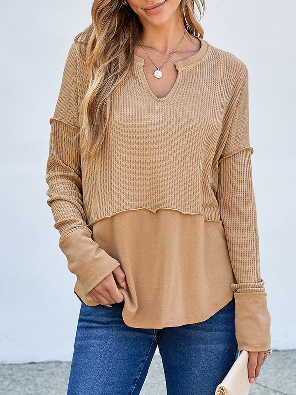 Tan waffle-knit long-sleeved top showcasing solid color casual clothing for women
