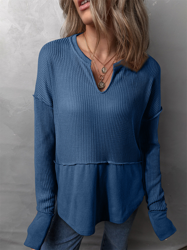 Blue waffle-knit long-sleeved top in solid color casual clothing for women