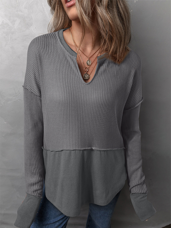 Gray waffle-knit long-sleeve top showcasing solid color casual women’s clothing