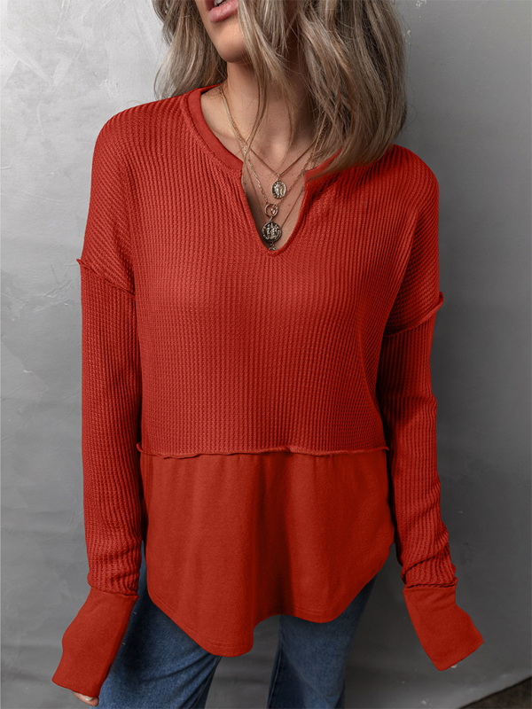 Rust-colored waffle-knit long-sleeve top in solid color casual women’s clothing