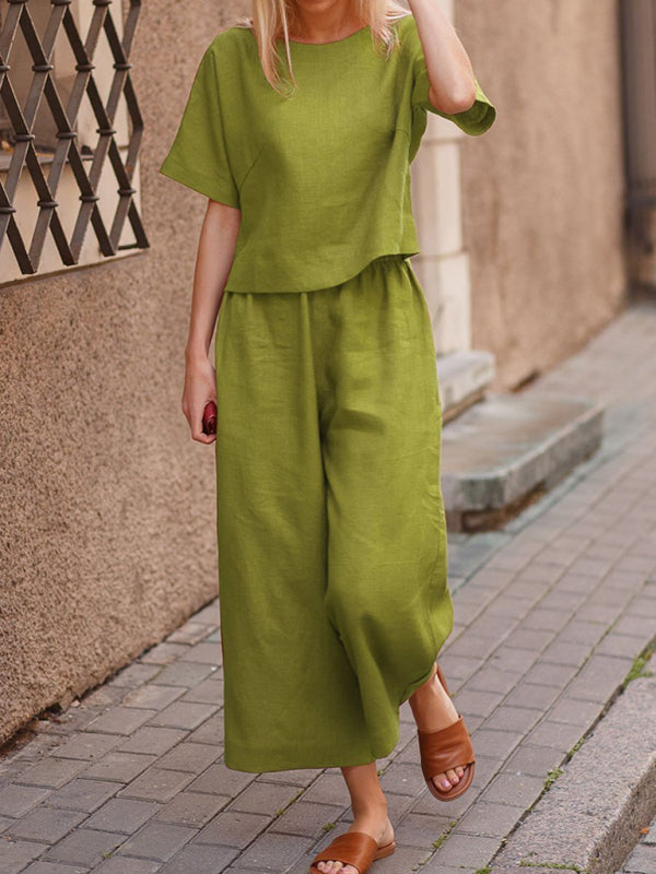 Women’s Casual Short Sleeve Cotton Pants Set - GreenYellow / XS