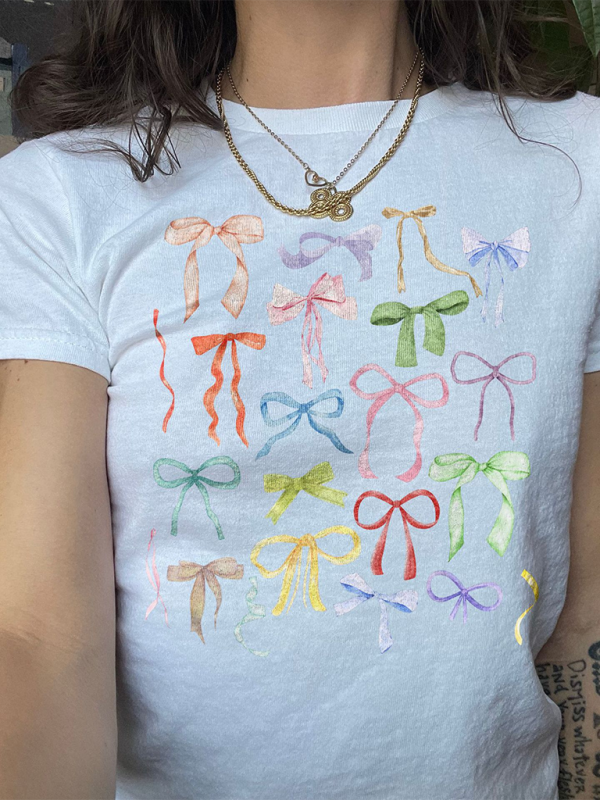 Women’s casual short-sleeved bow print versatile short-sleeved T-shirt top
