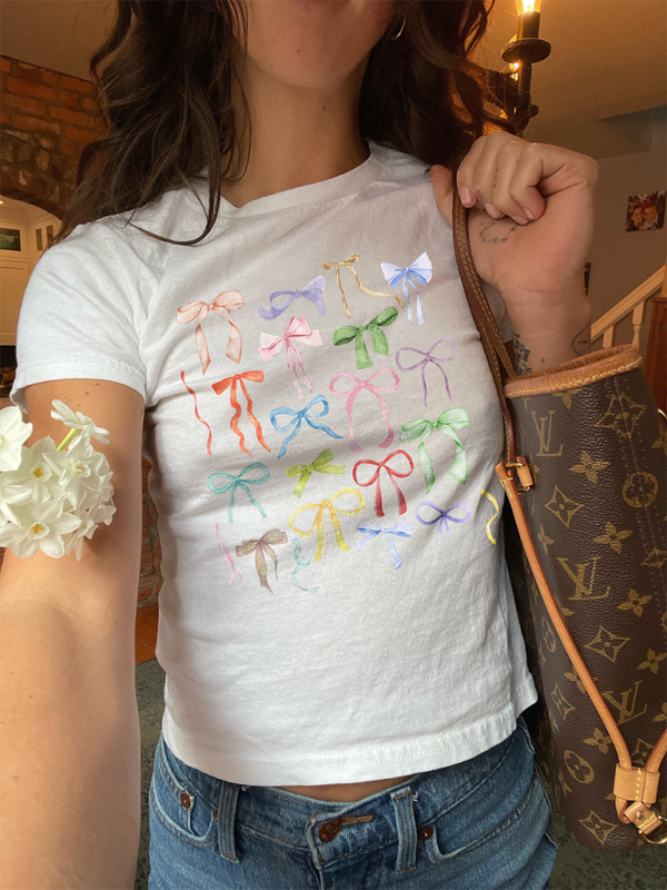 Women’s casual short-sleeved bow print versatile short-sleeved T-shirt top - White / S