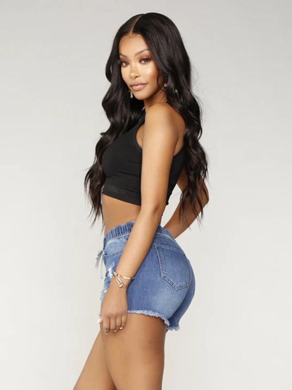 Women’s casual slim all-match ripped denim shorts - Blue / S