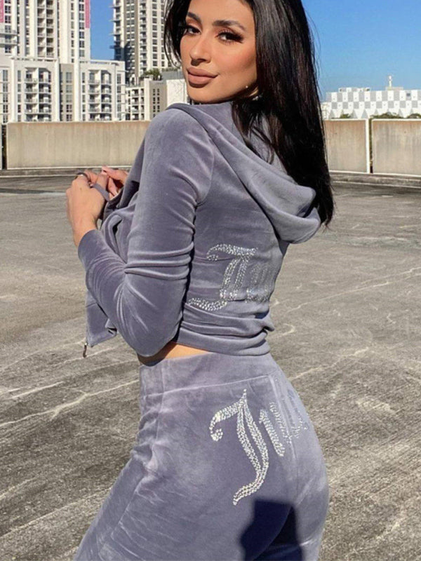 Women’s casual solid color letter hot diamond sportswear long-sleeved hooded sweatshirt loose trousers two-piece suit